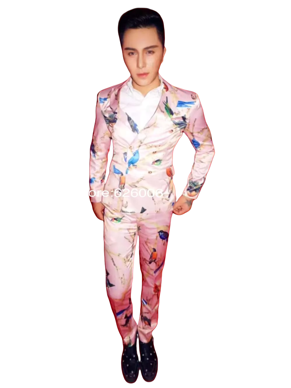 Men Formal Wear Pink - ชุดสูทแฟชั่นผู้ชายลายดอกไม้สีชมพูและนก สำหรับงานกลางคืน ดีเจ นักร้อง ชุดแสดงบนเวที ชุดออกงานปาร์ตี้
