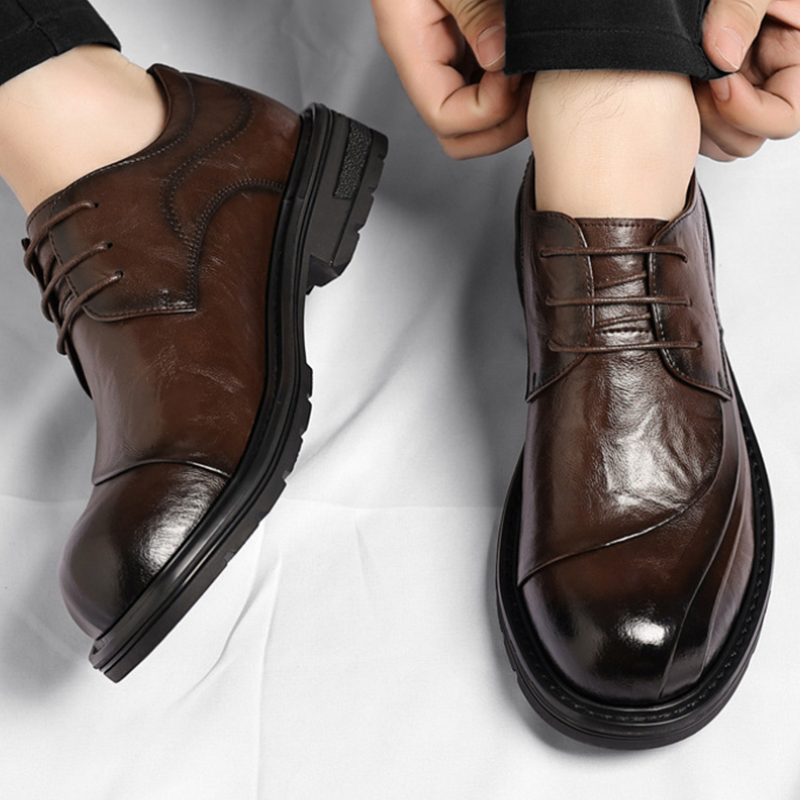 Men Formal Wear Brown - รองเท้าหนังแท้สีน้ำตาลขัดเงา แบบผูกเชือก พื้นหนา สำหรับงานทางการ ธุรกิจ สำนักงาน
