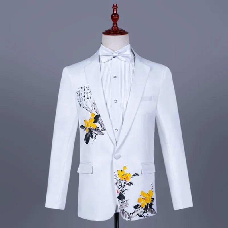 Asian Men Formal Wear - ชุดพิธีการสีขาวแบบจีนสำหรับผู้ชาย ไซส์เอเชีย สำหรับหุ้นส่วนงานดนตรี ผู้ดำเนินพิธี นักร้อง ชุดแสดง
