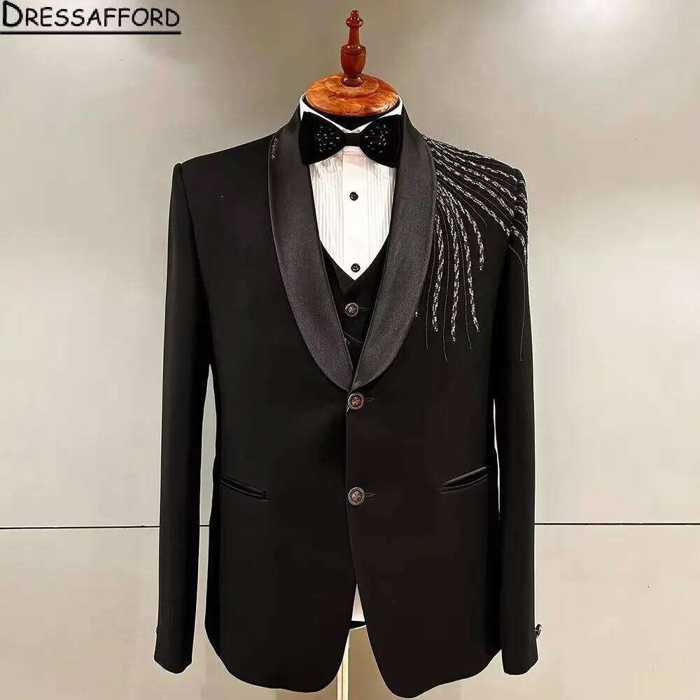 Men'S Formal Wear No Suit - ชุดทักซิโด้แต่งงานประดับคริสตัล 2 ชิ้น ชุดสูทผู้ชายสั่งตัดสีดำ ชุดเบลเซอร์ออกงานแฟชั่นชาย
