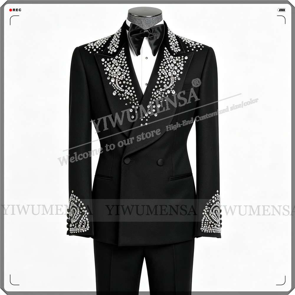 Men'S Formal Wear No Suit - ชุดสูทแต่งงานสุดหรูสำหรับผู้ชาย ประดับด้วยคริสตัลและลูกปัด เสื้อแจ็คเก็ตและกางเกง 2 ชิ้น ชุดทักซิโด้สำหรับเจ้าบ่าว