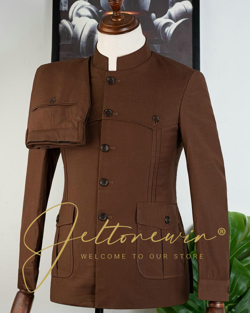 Men Formal Wear Brown - ชุดสูทสองชิ้นสีน้ำตาลสำหรับผู้ชาย คอตั้ง กระดุมห้าเม็ด ทรงเข้ารูป สำหรับงานแต่งงาน งานเลี้ยง