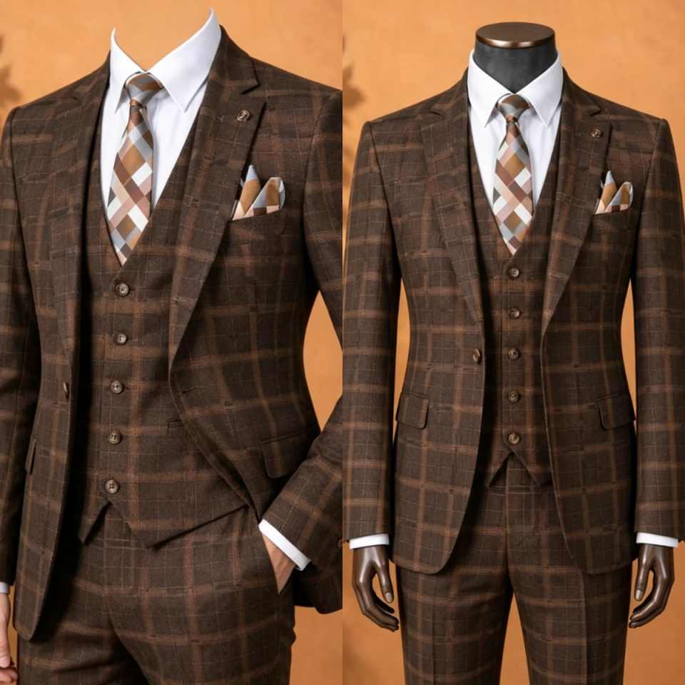Men Formal Wear Brown - ชุดสูทผู้ชายลายสก็อตสีน้ำตาลสุดหรู 3 ชิ้น ประกอบด้วยเสื้อแจ็คเก็ต เสื้อกั๊ก และกางเกง