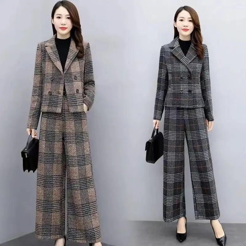 Wool Suit Jacket - ชุดกางเกงขากว้างแฟชั่นสำหรับผู้หญิง รุ่นใหม่ปี 2026 ฤดูใบไม้ร่วงและฤดูหนาว เสื้อเบลเซอร์ลายสก็อตผ้าขนสัตว์+กางเกง ชุดสองชิ้นเสื้อแจ็คเก็ตผ้าขนสัตว์